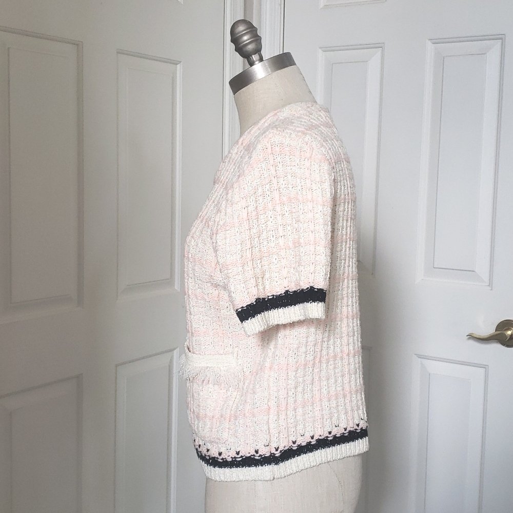 Anthropologie Tweed Sweater Tee • Fringe Pockets • Cream Pink Plaid Knit Top M - Picture 6 of 12